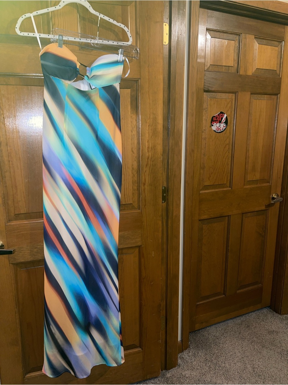 Strapless Multicolor Maxi Dress — Blue & Peach Abstract Print